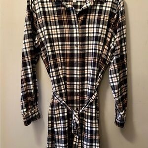 LOFT Long Sleeve Plaid Dress - Black, White, Brown